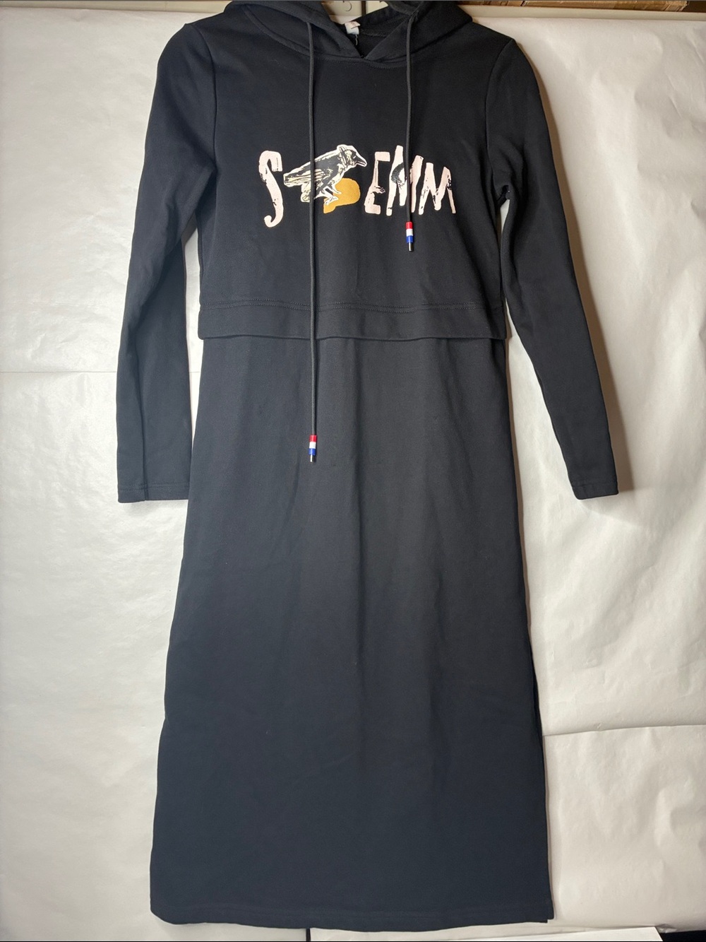 Black Hooded Long-Sleeve Midi Dress with Graphic Detail